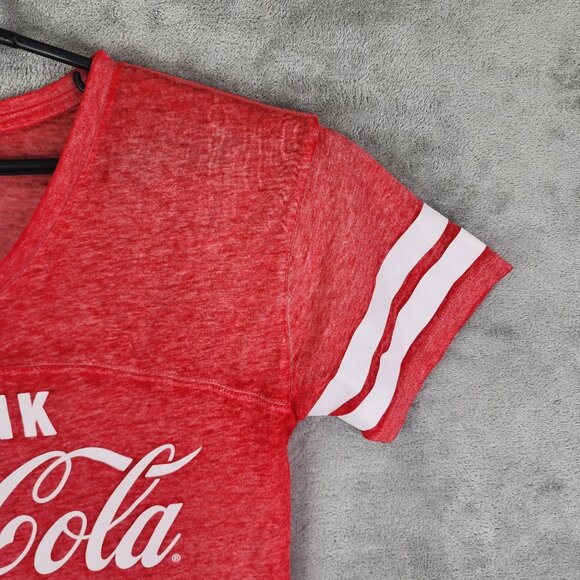 Junior's Red Coca-Cola V-Neck Sheer Shirt Hi Lo V Neck Short Sleeve L (11-13) - Picture 3 of 12